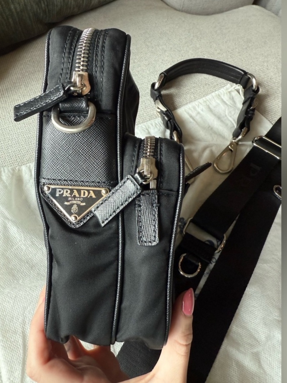 Prada Black Crossbody w/ Leather Shoulder Strap, Crossbody Strap & Clip-On Pouch